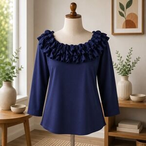 Beautiful by Lawrence Zarian Navy Blue Ruffle Neck Long Sleeve Top Womens 2X